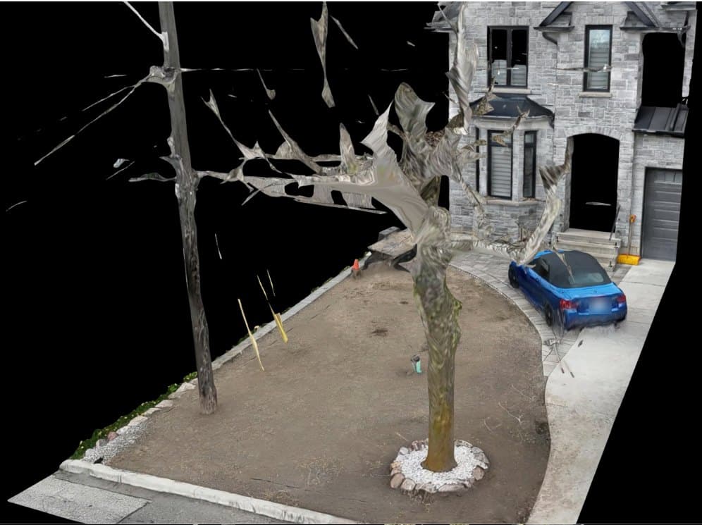 3D model of the same front yard after grading, captured from a matching angle