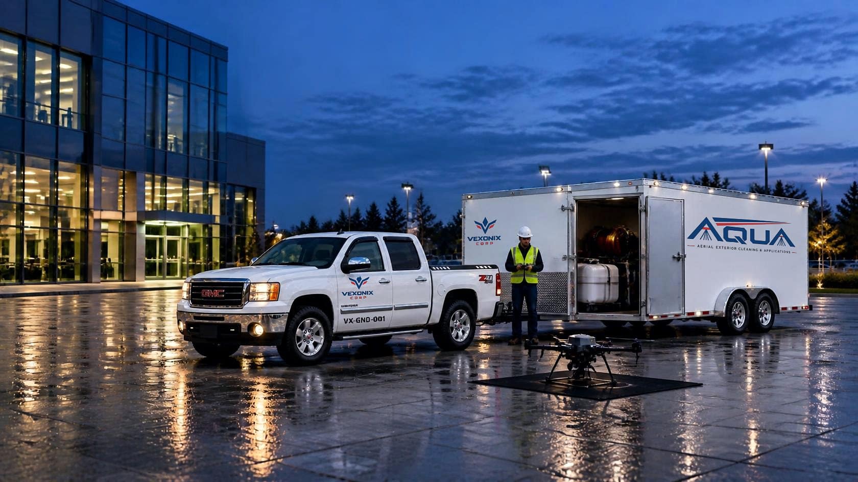 Illustration: a branded AQUA support vehicle and enclosed trailer beside a commercial building