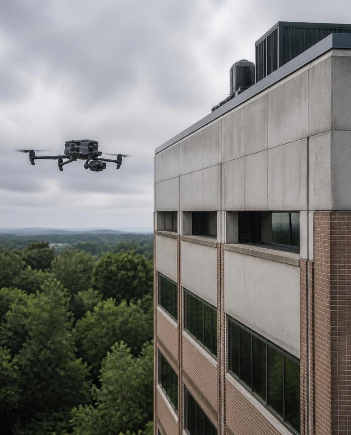 Illustration: a drone beside the facade of a commercial building