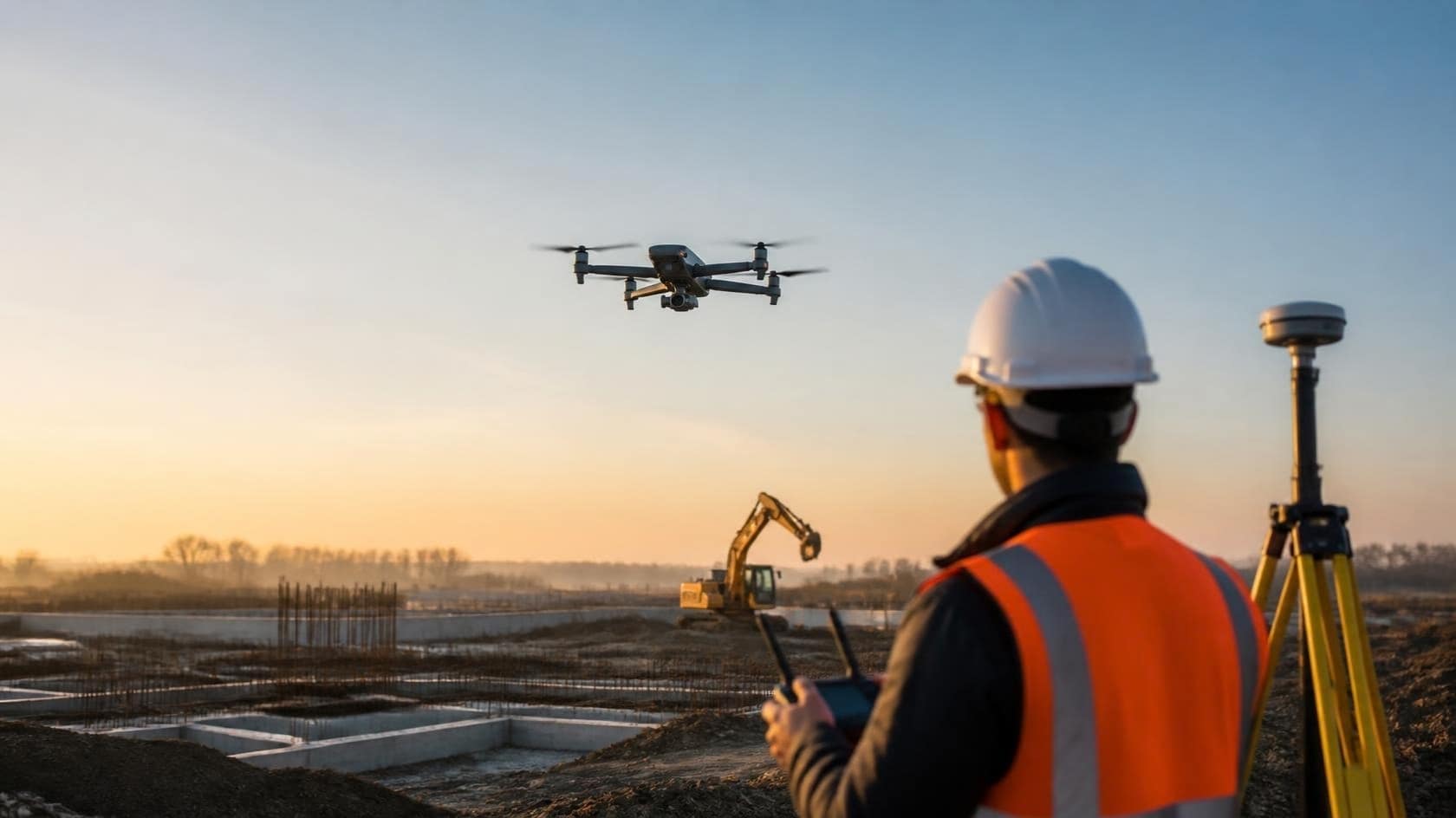 Illustration: a field operator, drone and positioning equipment at a construction site