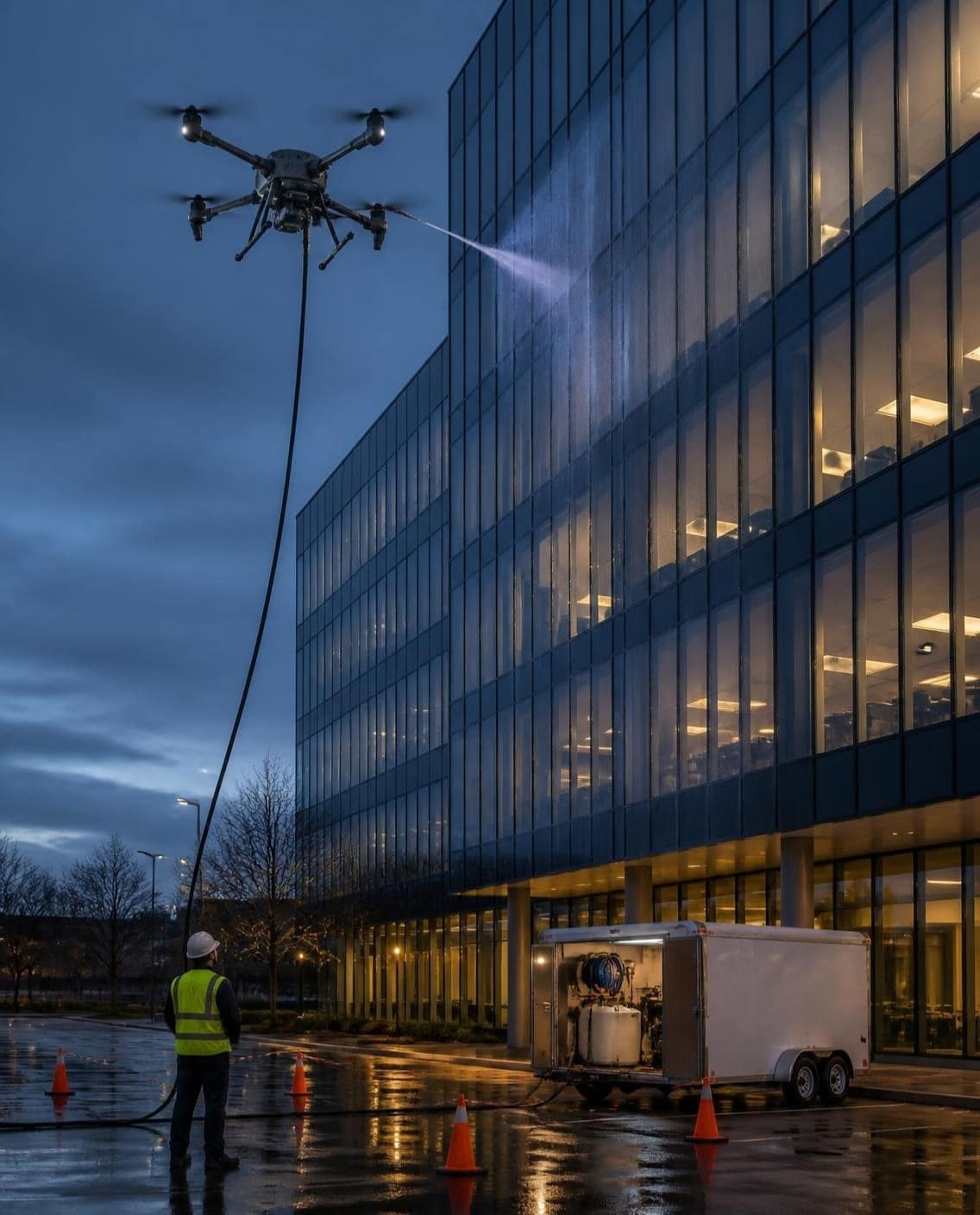 Illustration: a hose-fed cleaning drone beside commercial glass with a ground support area