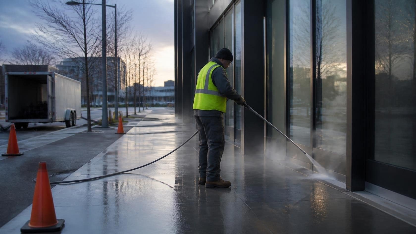 Illustration: a ground crew member washing a commercial exterior within a marked work area