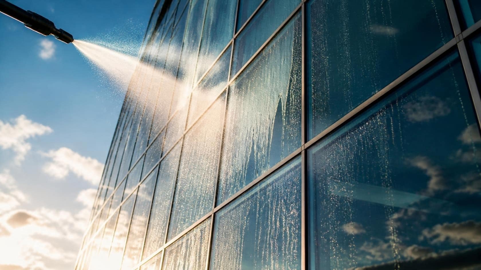 Illustration: a rinse across the glass facade of a commercial building