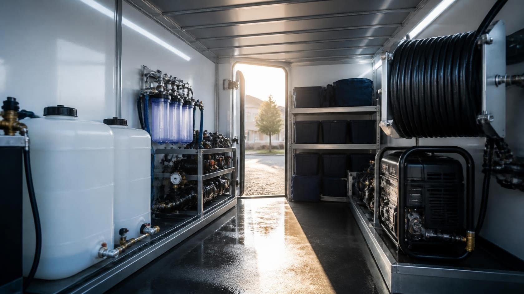 Illustration: water and hose support equipment inside a service trailer