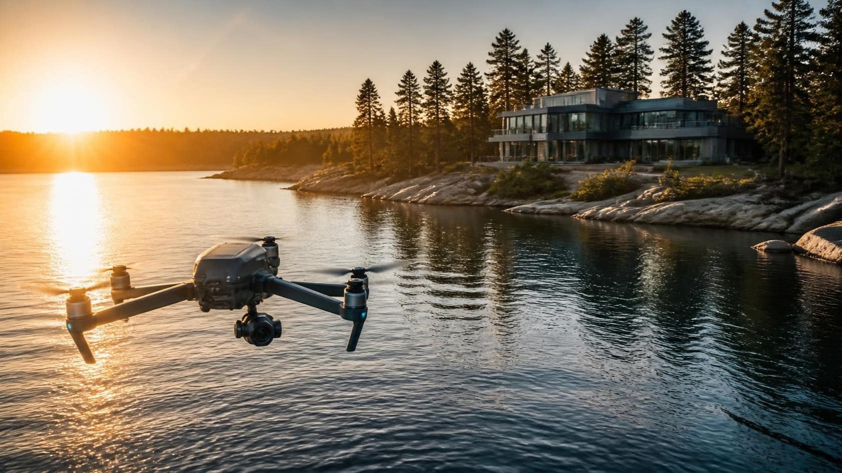 Illustration: a drone over a waterfront property at sunset; a secondary property filming example