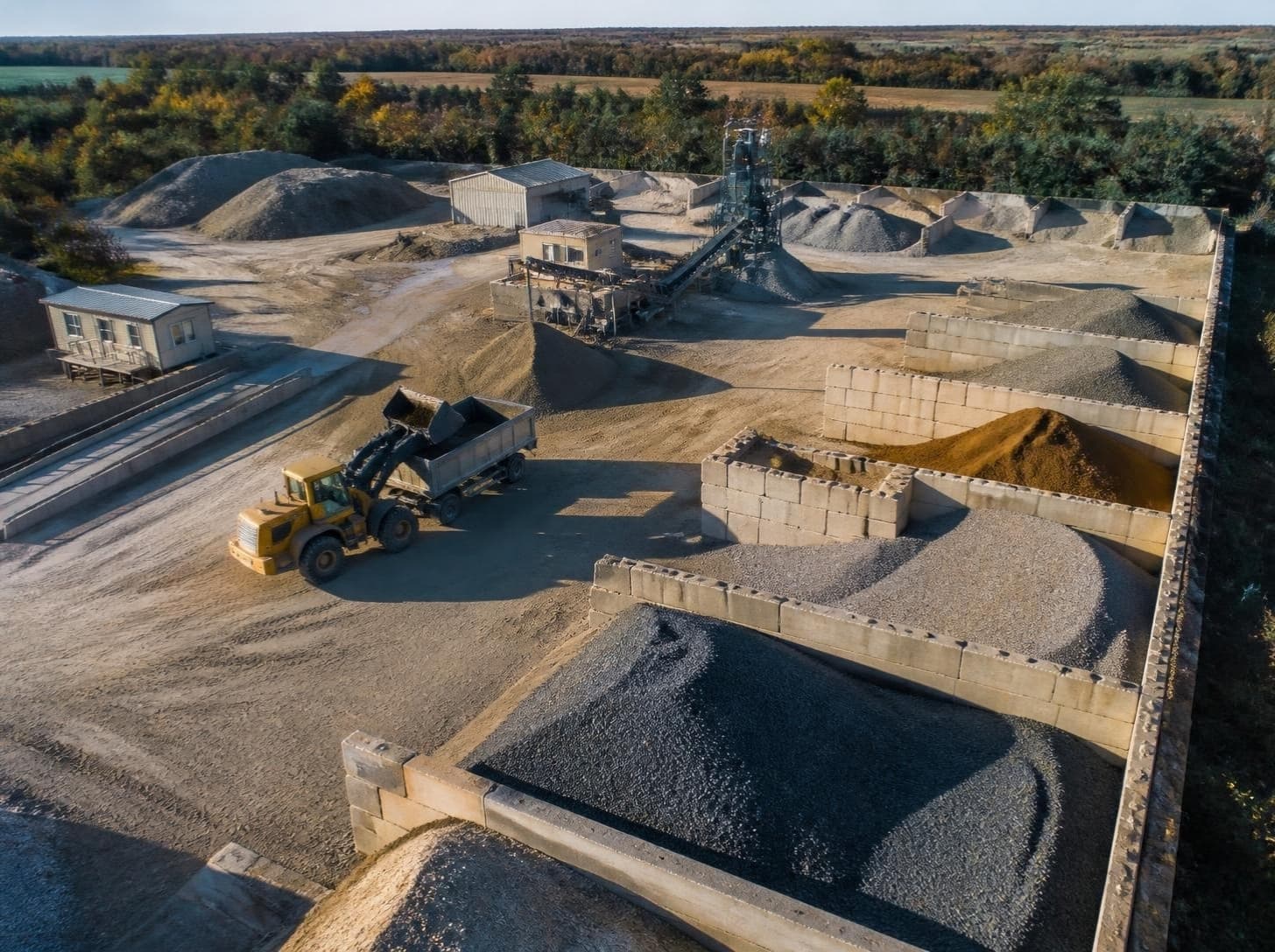 Illustration: aggregate stockpiles, loading equipment and a processing site