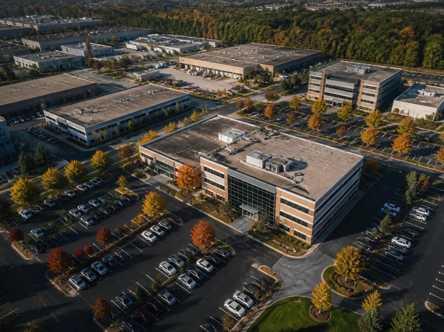 Illustration: an aerial view of a commercial office campus