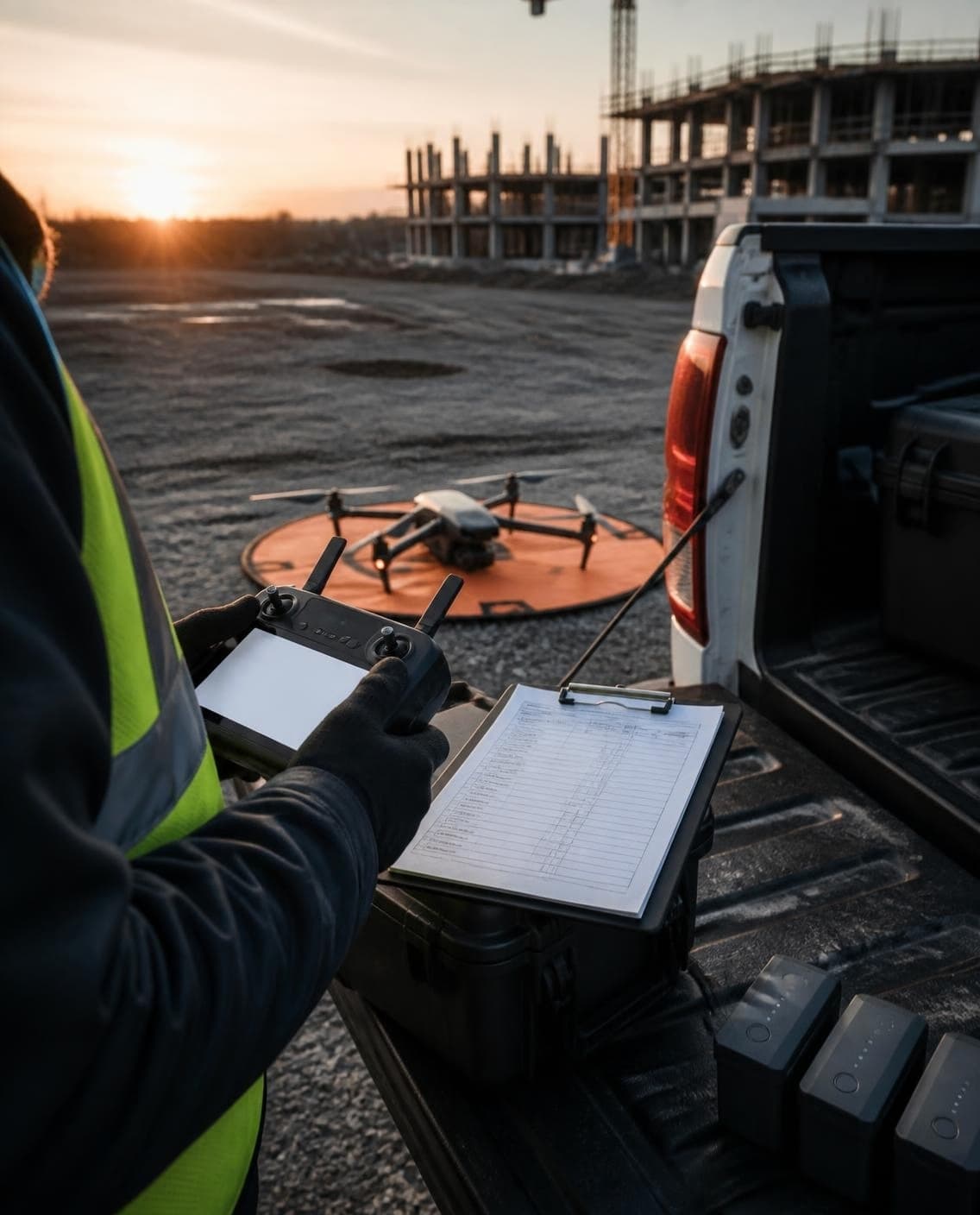 Illustration: a field operator checking a flight plan and equipment before a construction-site flight