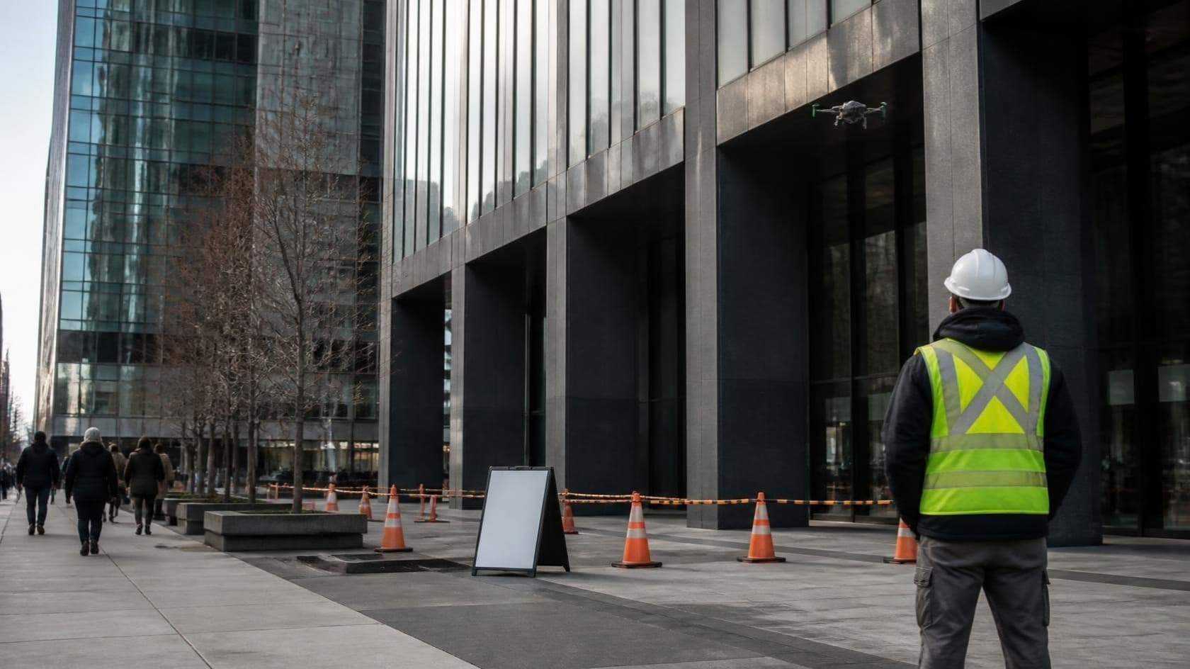 Illustration: a crew member and marked planning area outside a commercial building